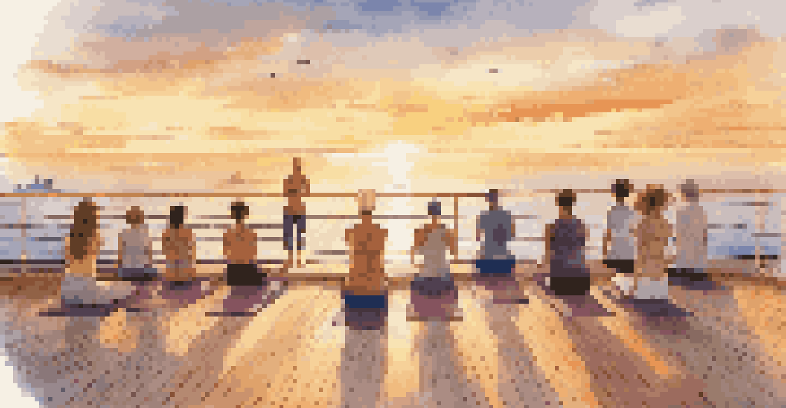 A group of people practicing yoga on a cruise ship deck at sunrise, with ocean views and a peaceful atmosphere.