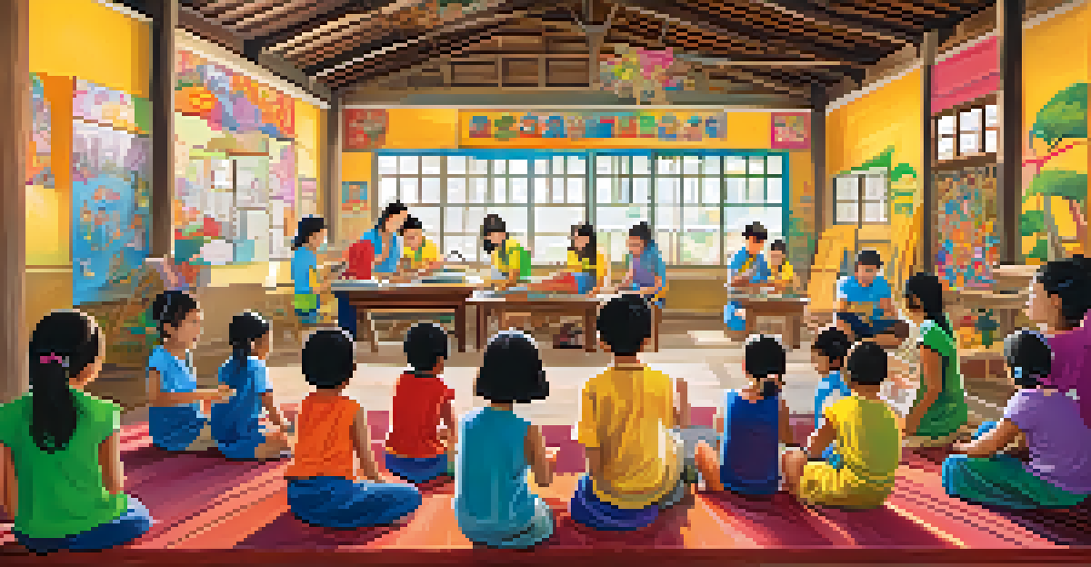 Volunteers teaching English to children in a colorful Thai community center, with murals and art supplies around.