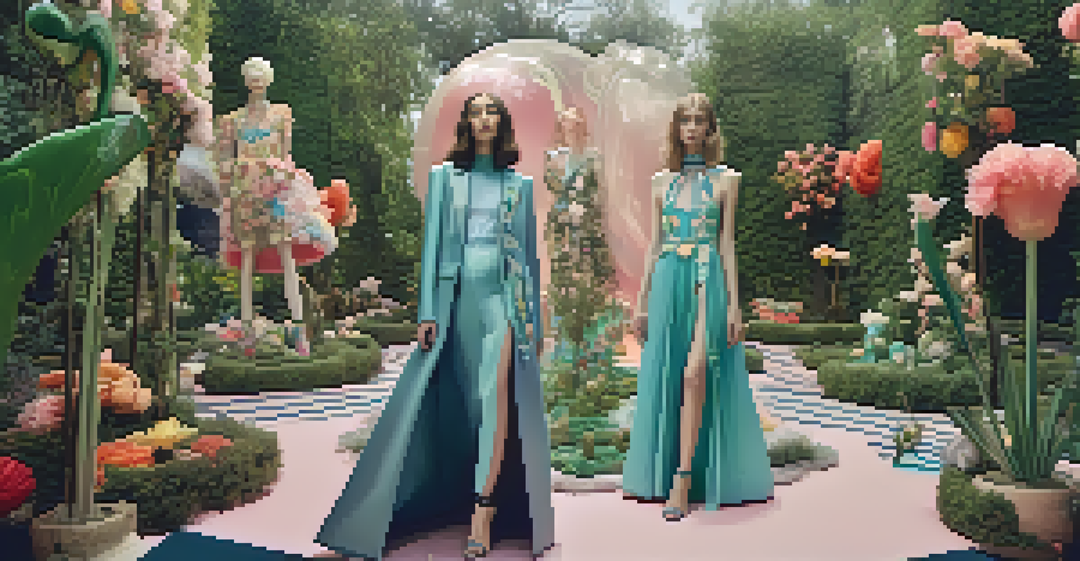 A surreal fashion scene with models in eclectic Gucci outfits in a dreamlike garden with whimsical elements.