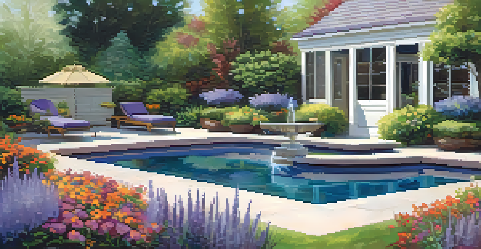 A serene garden with a small water fountain, colorful flowers, and a cozy lounge chair with cushions.