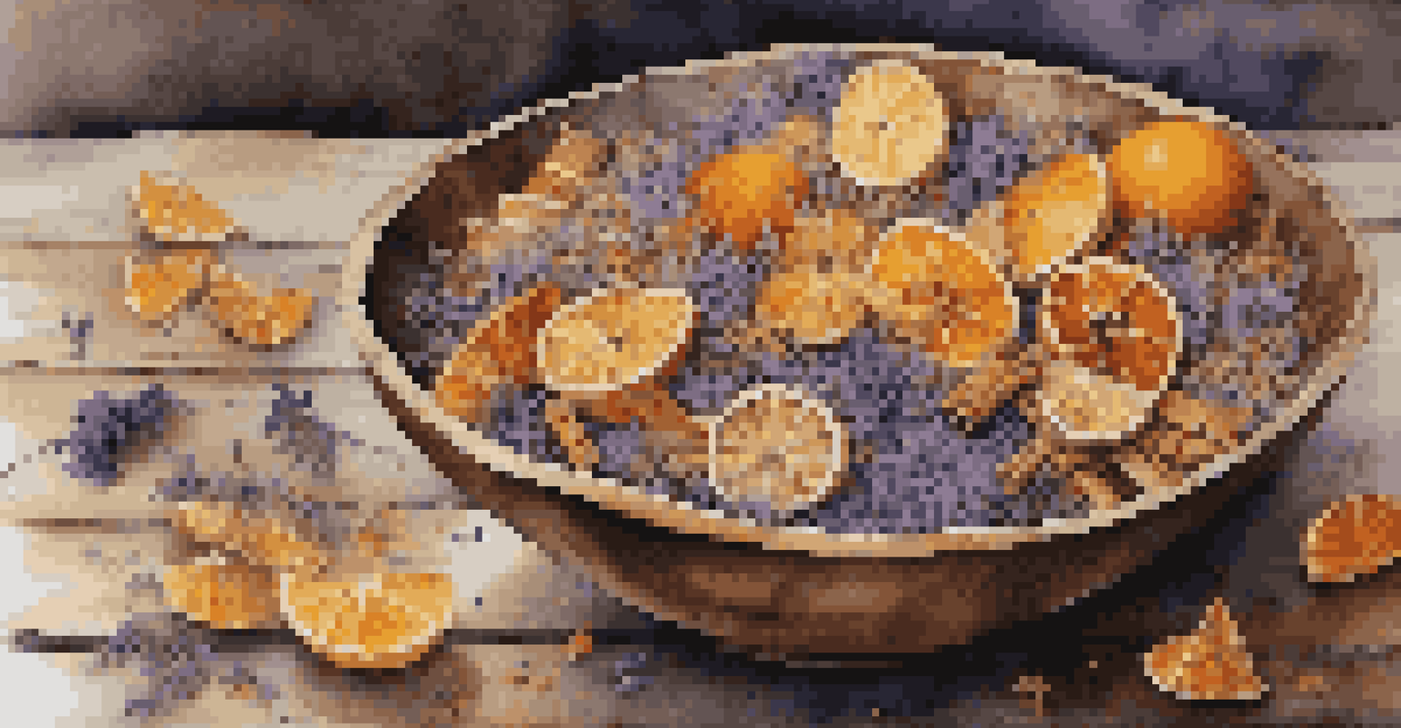 A bowl of colorful potpourri with dried lavender, cinnamon sticks, and citrus peels on a wooden table.