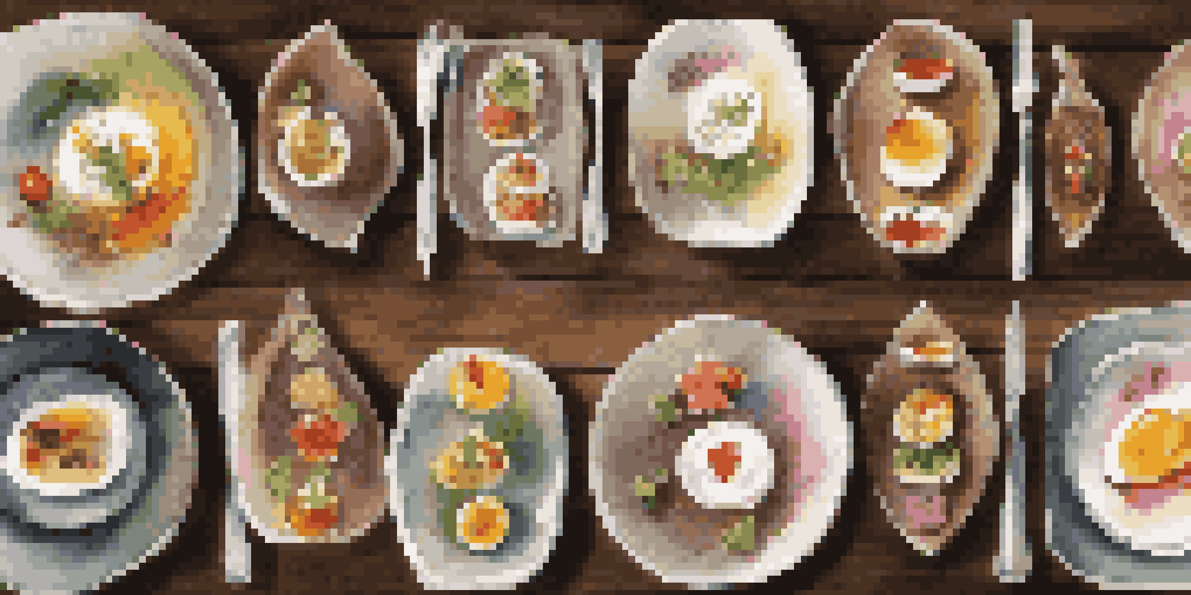 A tasting menu displayed on a wooden table with various gourmet dishes, beautifully presented with vibrant colors and fresh ingredients.