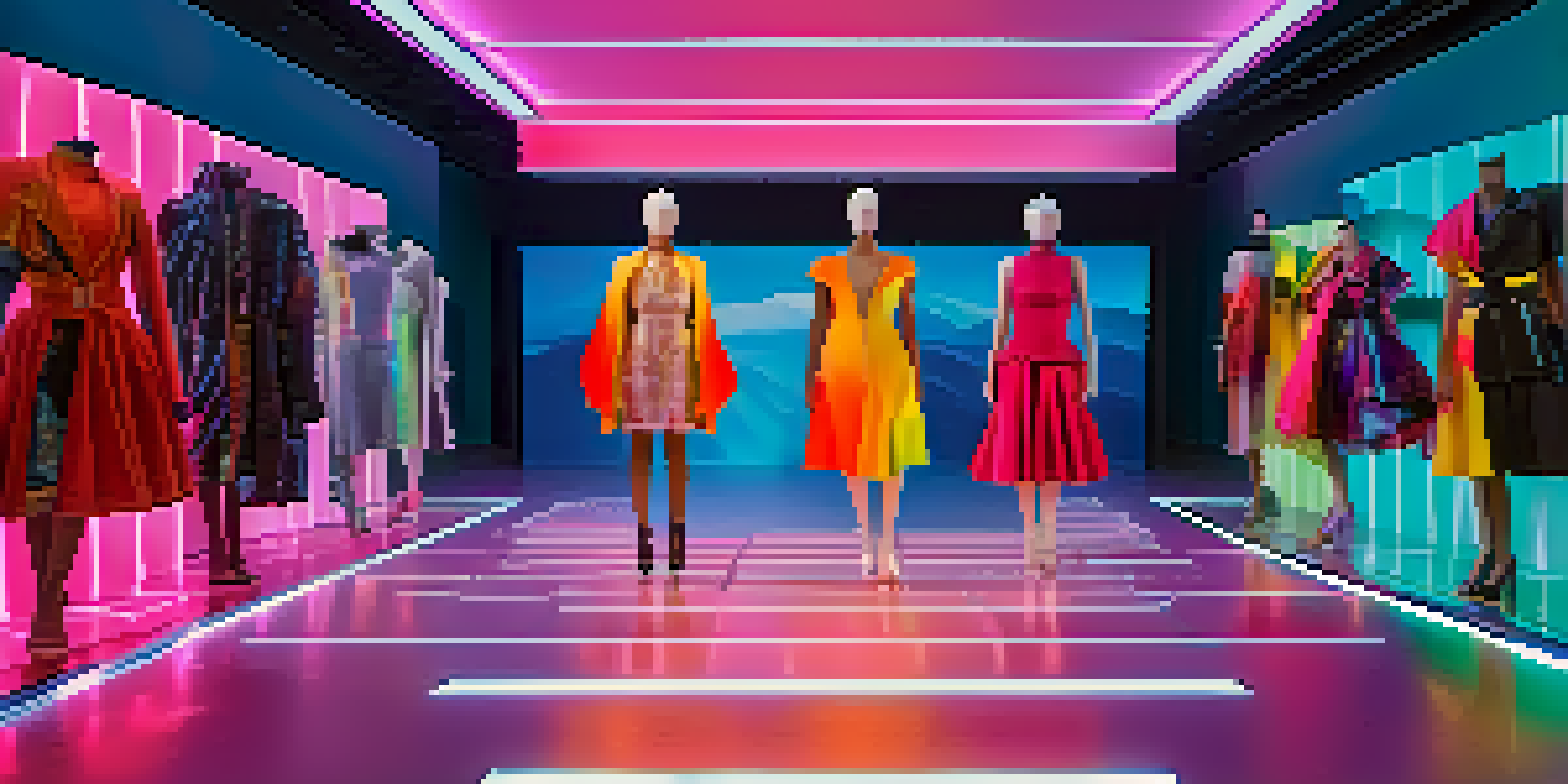 A digital fashion show featuring 3D models in vibrant clothing, illuminated by colorful lighting in a high-tech environment.