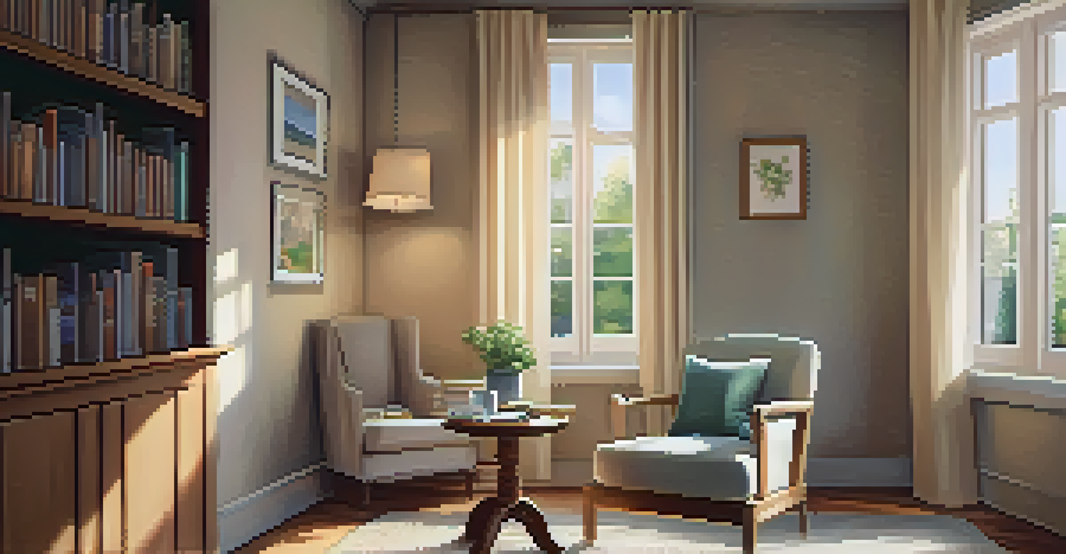 A cozy reading nook with an armchair, books, and sunlight streaming through a window.