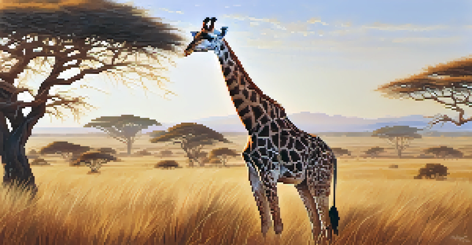 A majestic giraffe in the African savannah, showcasing its patterns and textures in soft morning light.