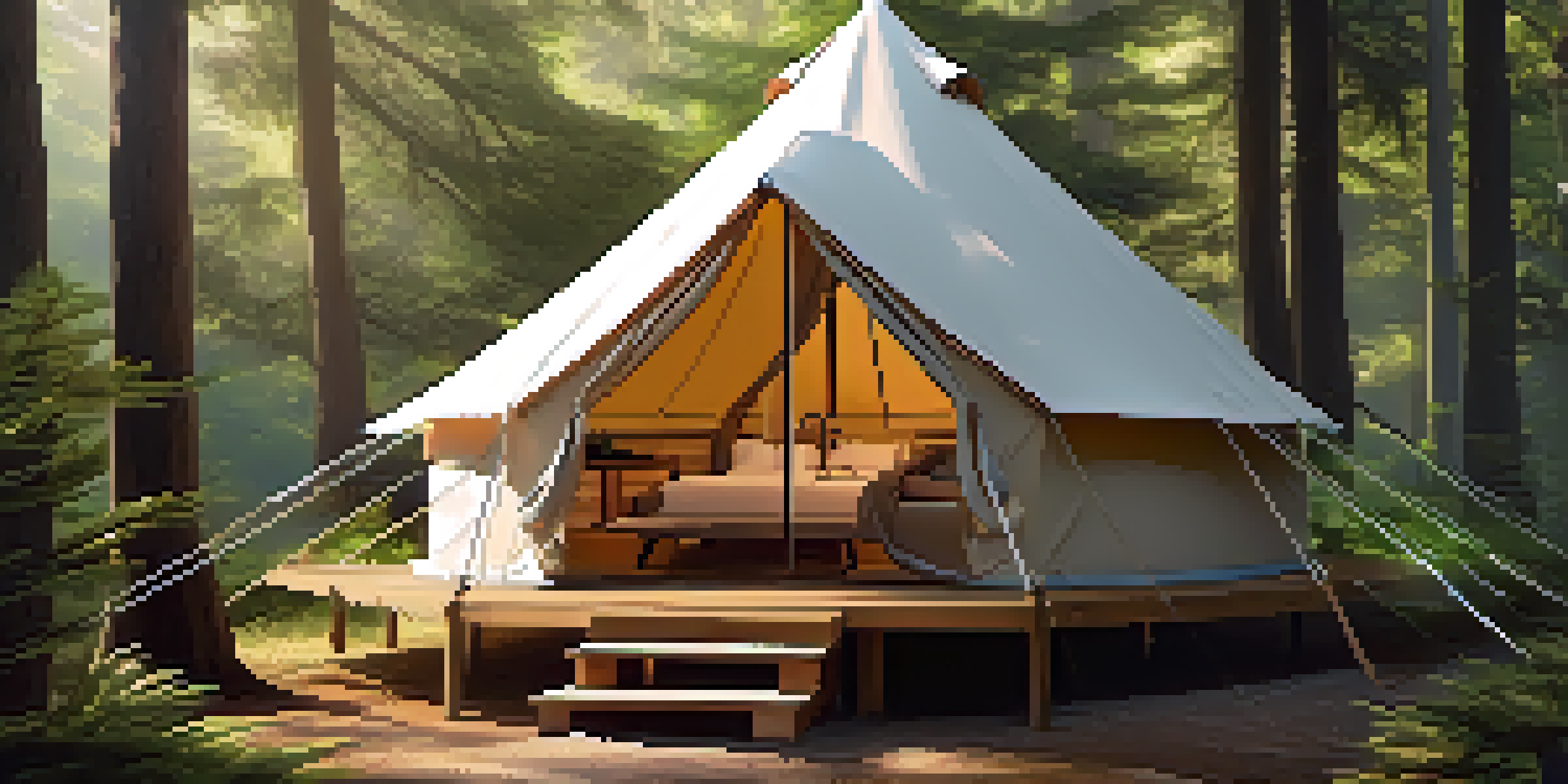 A luxurious glamping tent in a forest with elegant furnishings and sunlight filtering through trees.