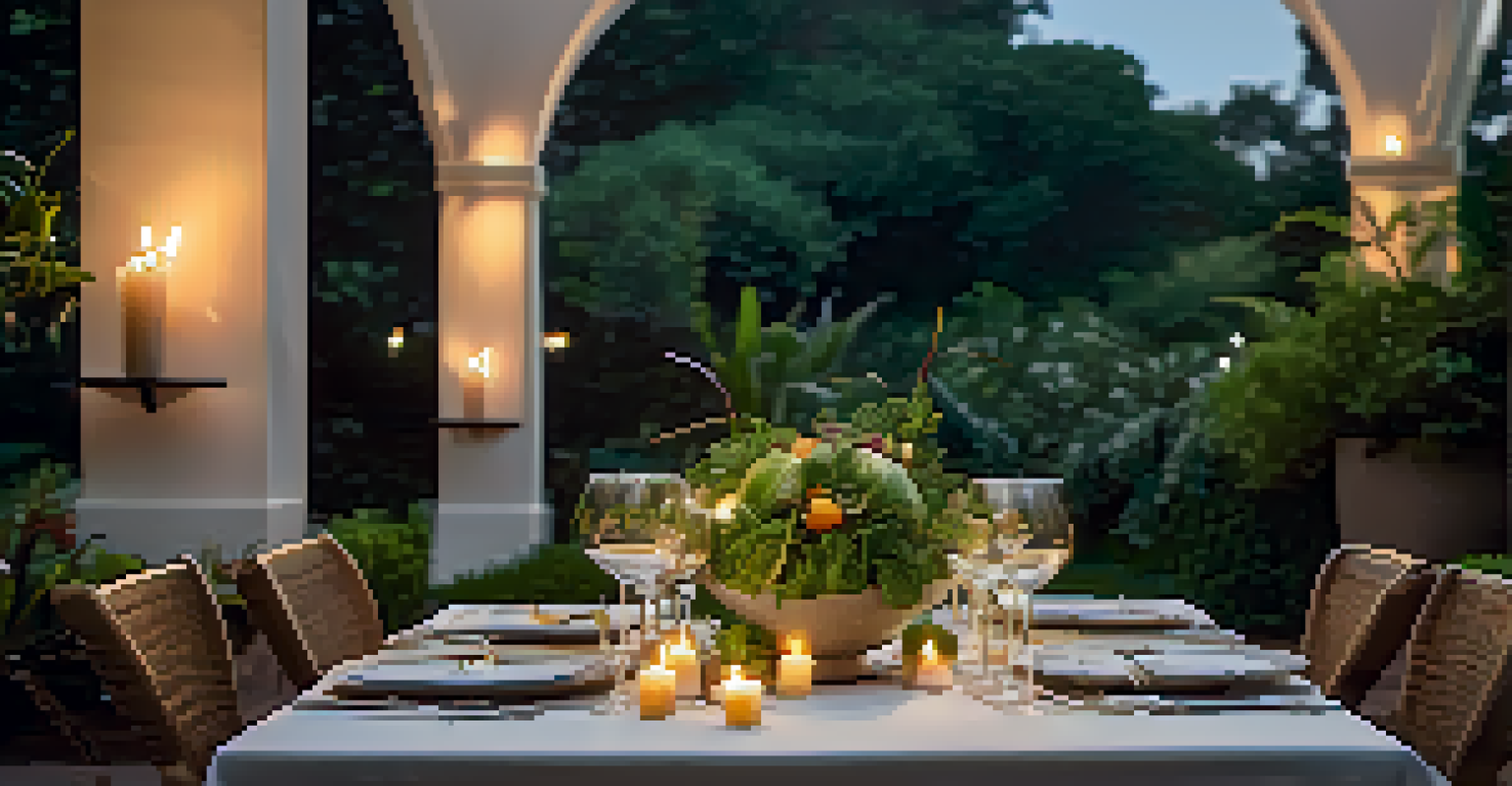 An elegant outdoor dining setup at a luxury resort featuring a gourmet meal made from fresh, organic ingredients, surrounded by greenery and soft candlelight.