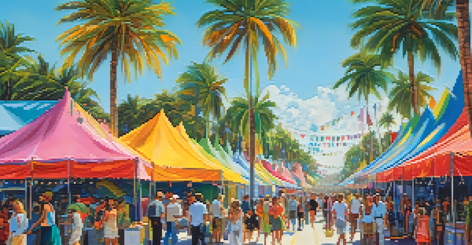 A lively art festival in Miami with colorful tents, people admiring artwork, and palm trees.