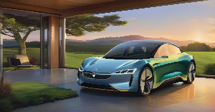 A sleek electric car with solar panels parked in a scenic landscape during sunset, with plush leather seats visible inside.