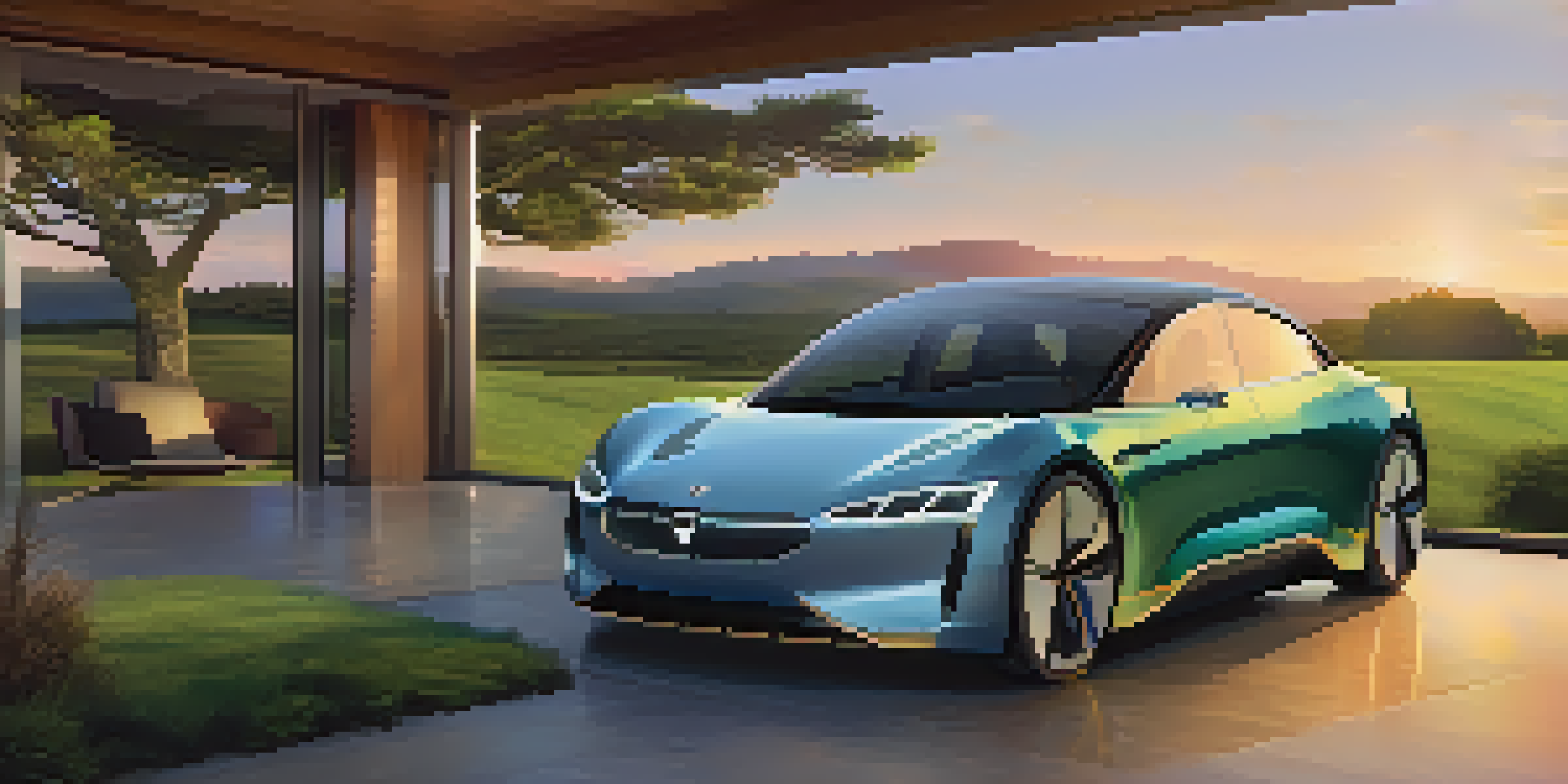 A sleek electric car with solar panels parked in a scenic landscape during sunset, with plush leather seats visible inside.