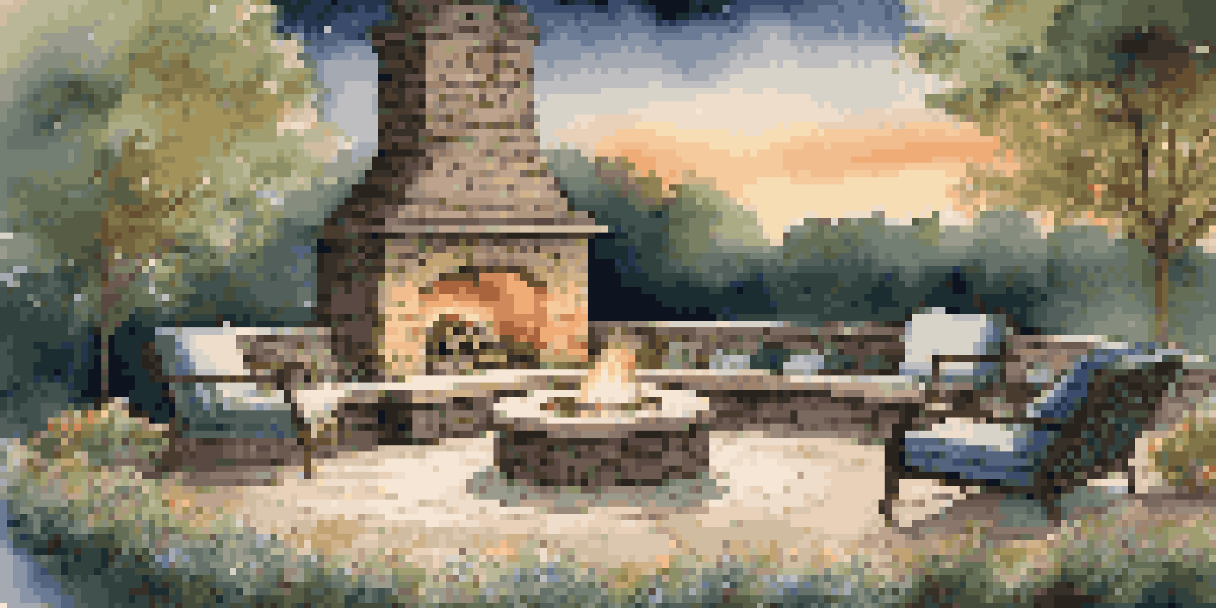 An outdoor fireplace made of stone, surrounded by seating and illuminated by warm firelight under a starry sky.
