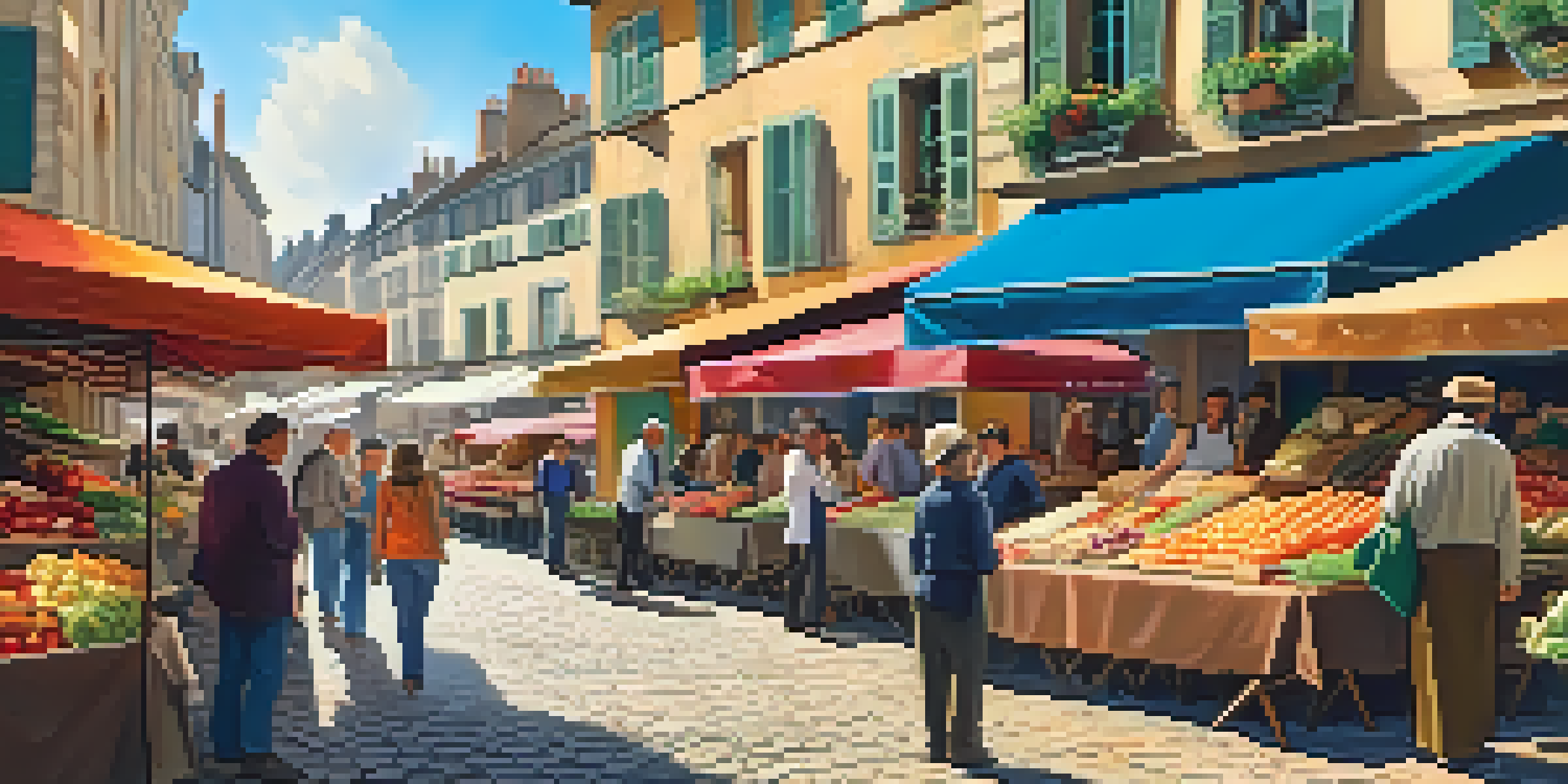 A lively French market filled with fresh produce, cheeses, and baked goods, with people interacting with vendors under warm sunlight.