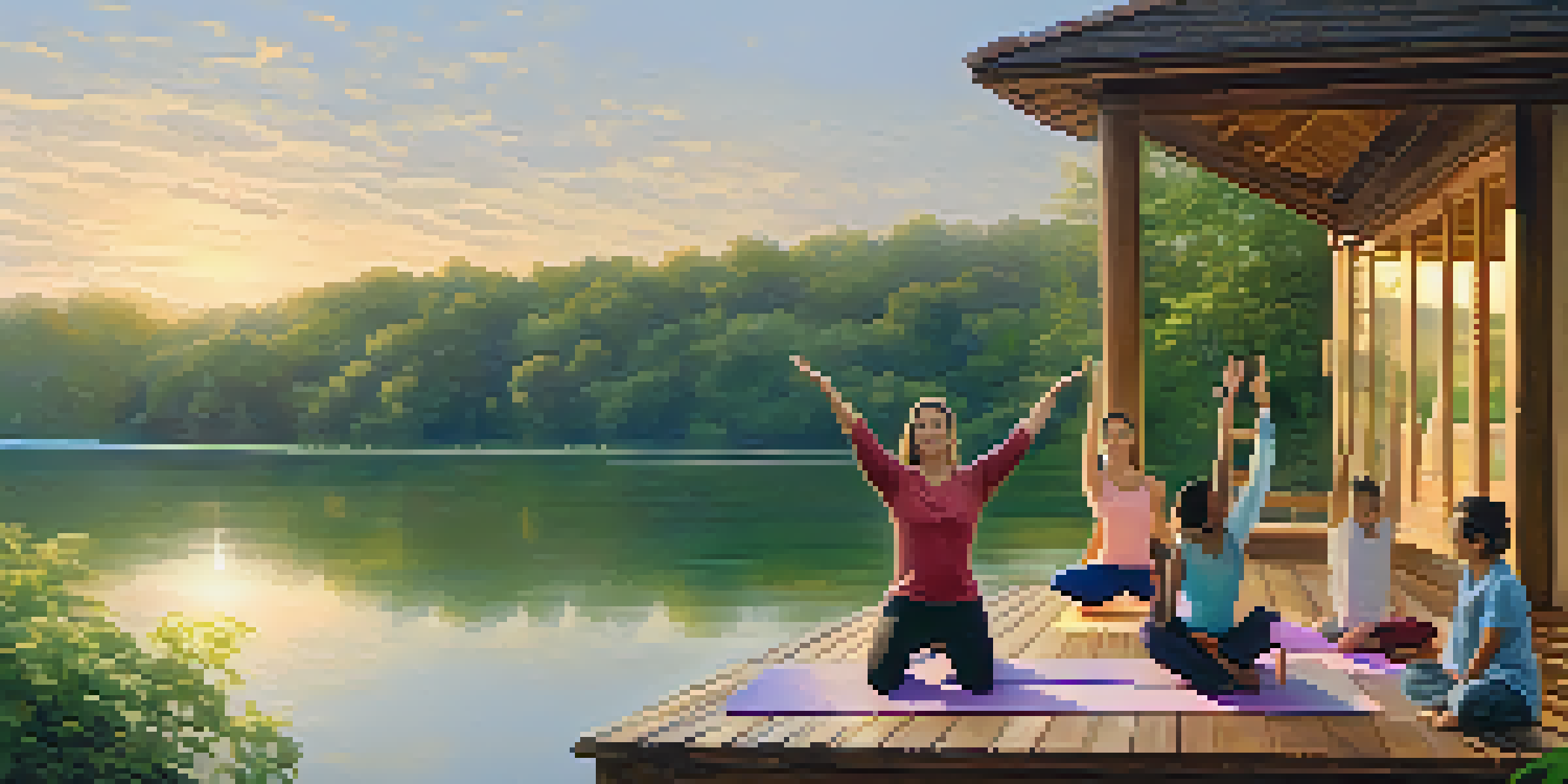 A family practicing yoga on a wooden deck at sunrise, with a tranquil lake and lush greenery in the background.