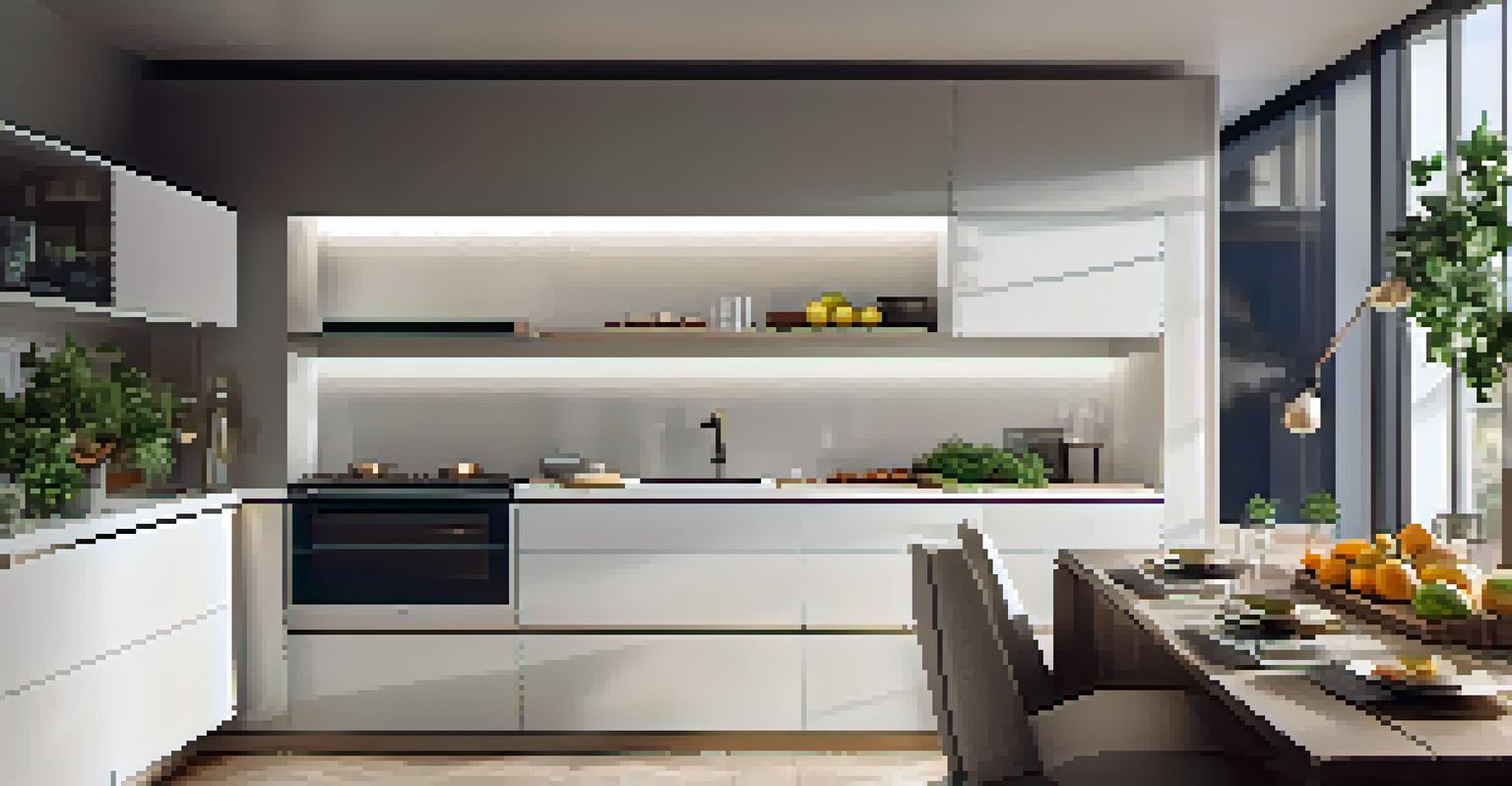 An elegant kitchen with smart appliances, polished countertops, and a warm atmosphere created by ambient lighting.