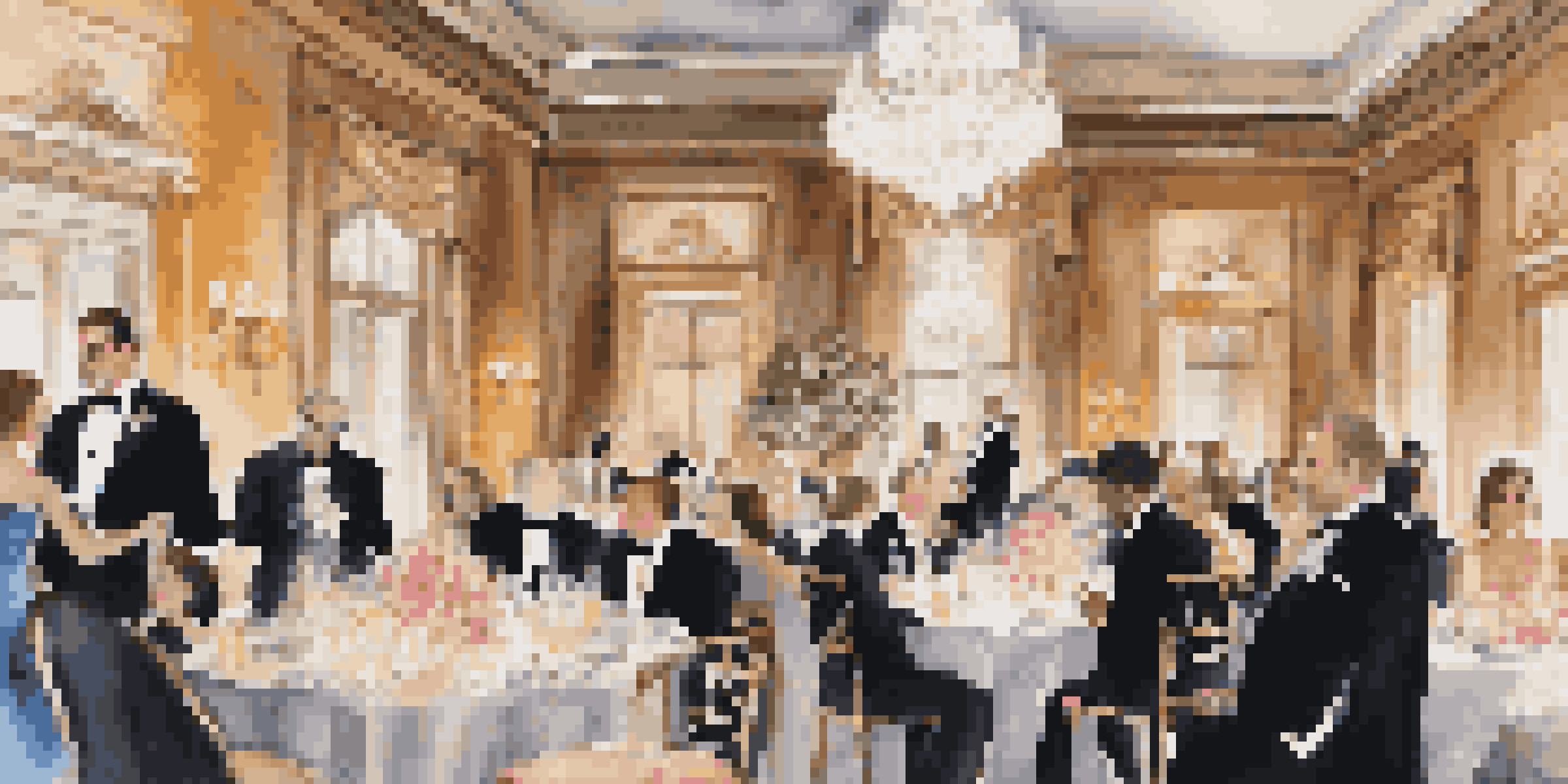 A luxurious charity gala in a historic mansion with guests in formal wear and a live painter.