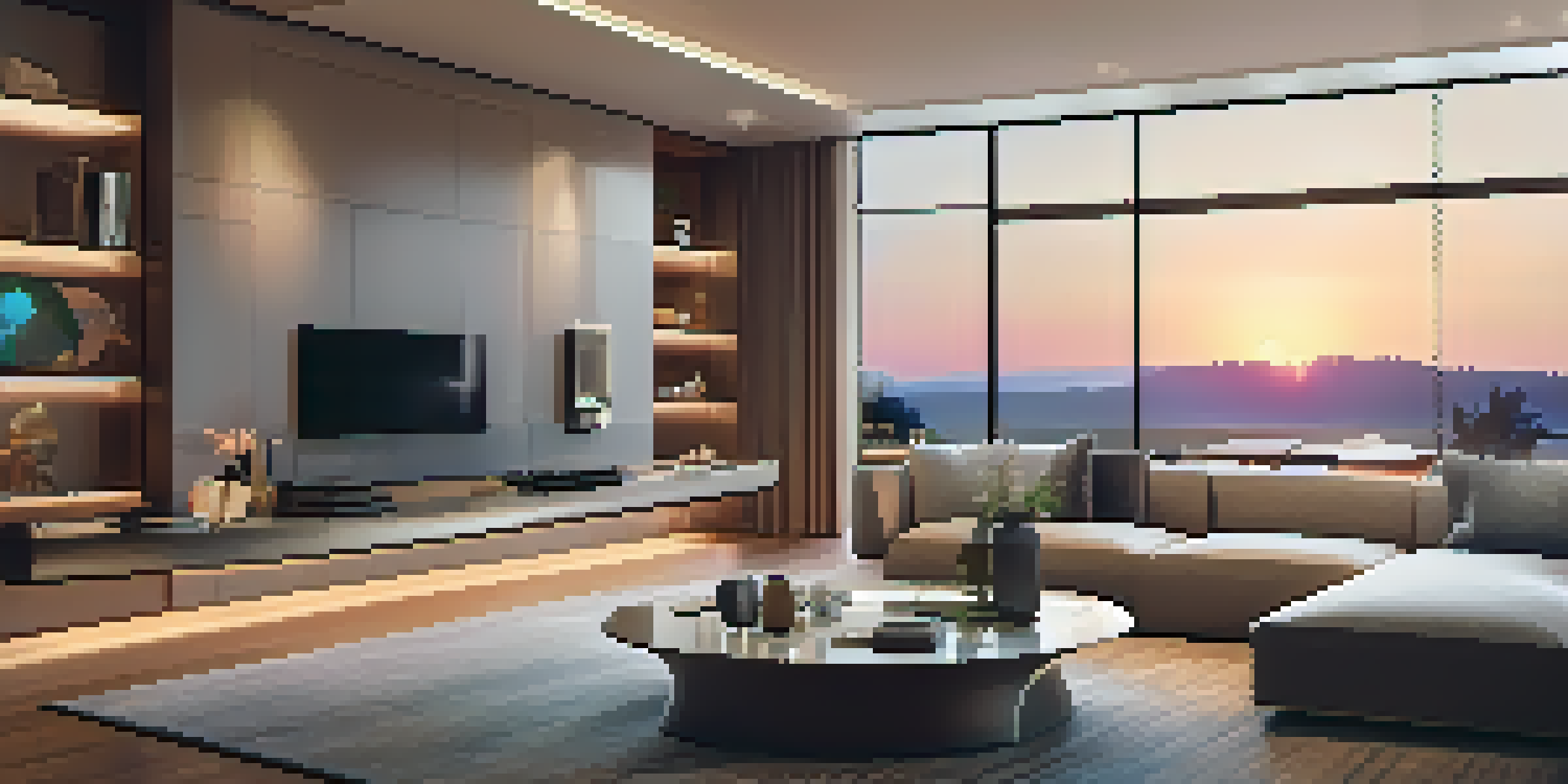 A modern living room featuring smart home technology with ambient lighting and a sunset view.
