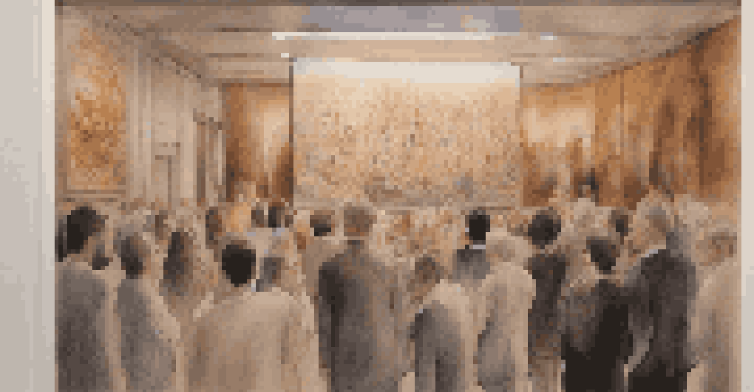 Close-up of a contemporary artwork with intricate textures and colors, with auction paddles raised in the background.