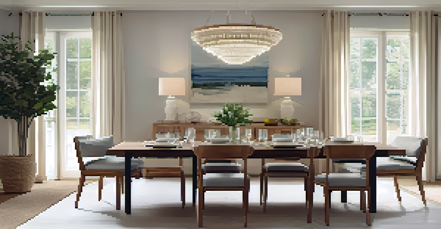 A dining room with a wooden table, eco-friendly textiles, and modern lighting, creating an inviting atmosphere.