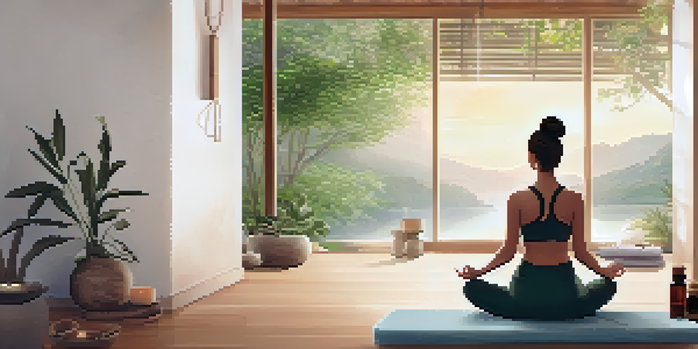A person meditating in a calming spa environment with soft lighting and natural elements.