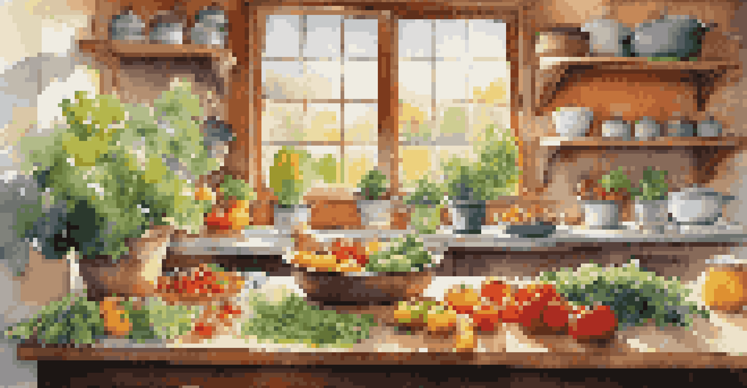 A farm-to-table cooking environment with fresh produce on a wooden table and a chef preparing a dish.