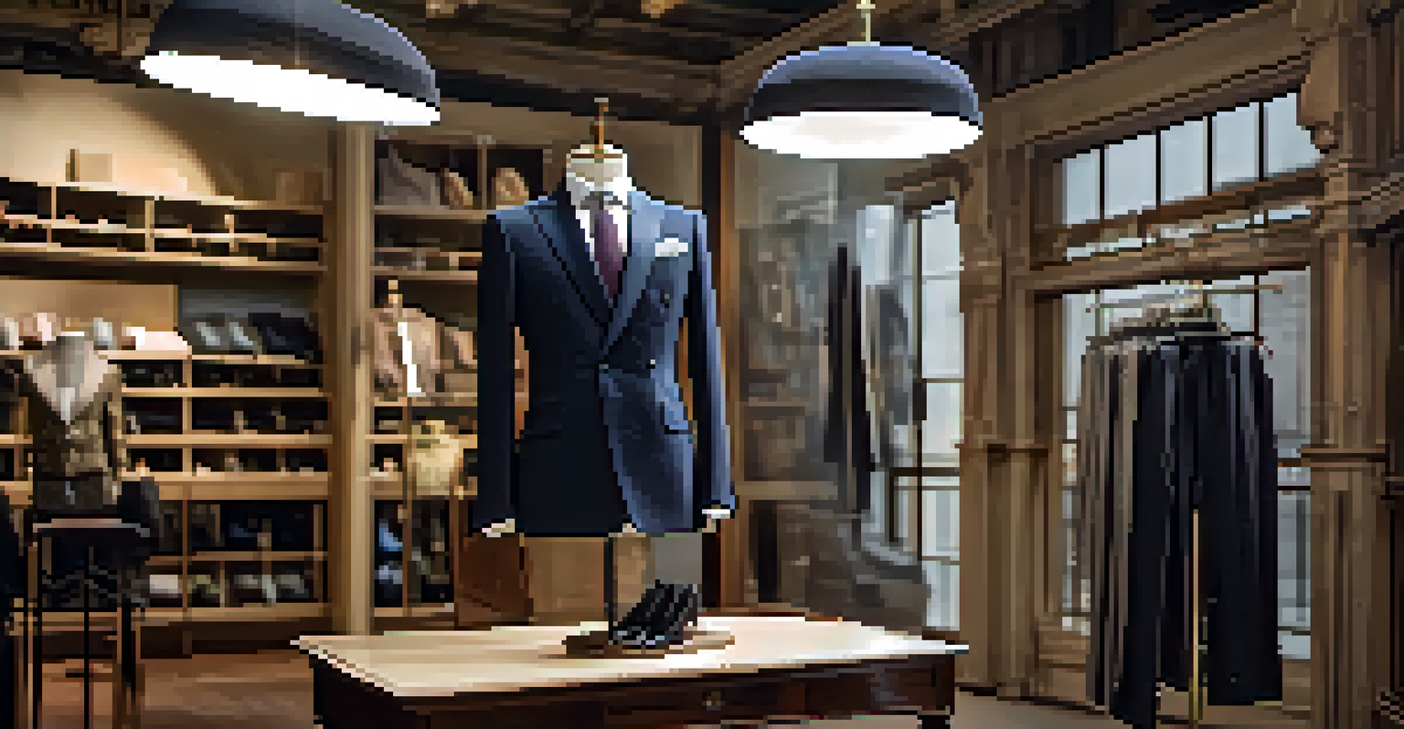 A tailored cashmere suit on a mannequin with fabric swatches and sketches in a workshop.