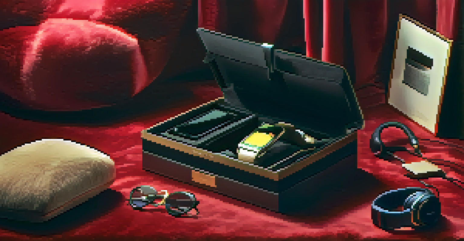 An open subscription box displaying high-end tech gadgets on a plush velvet background.