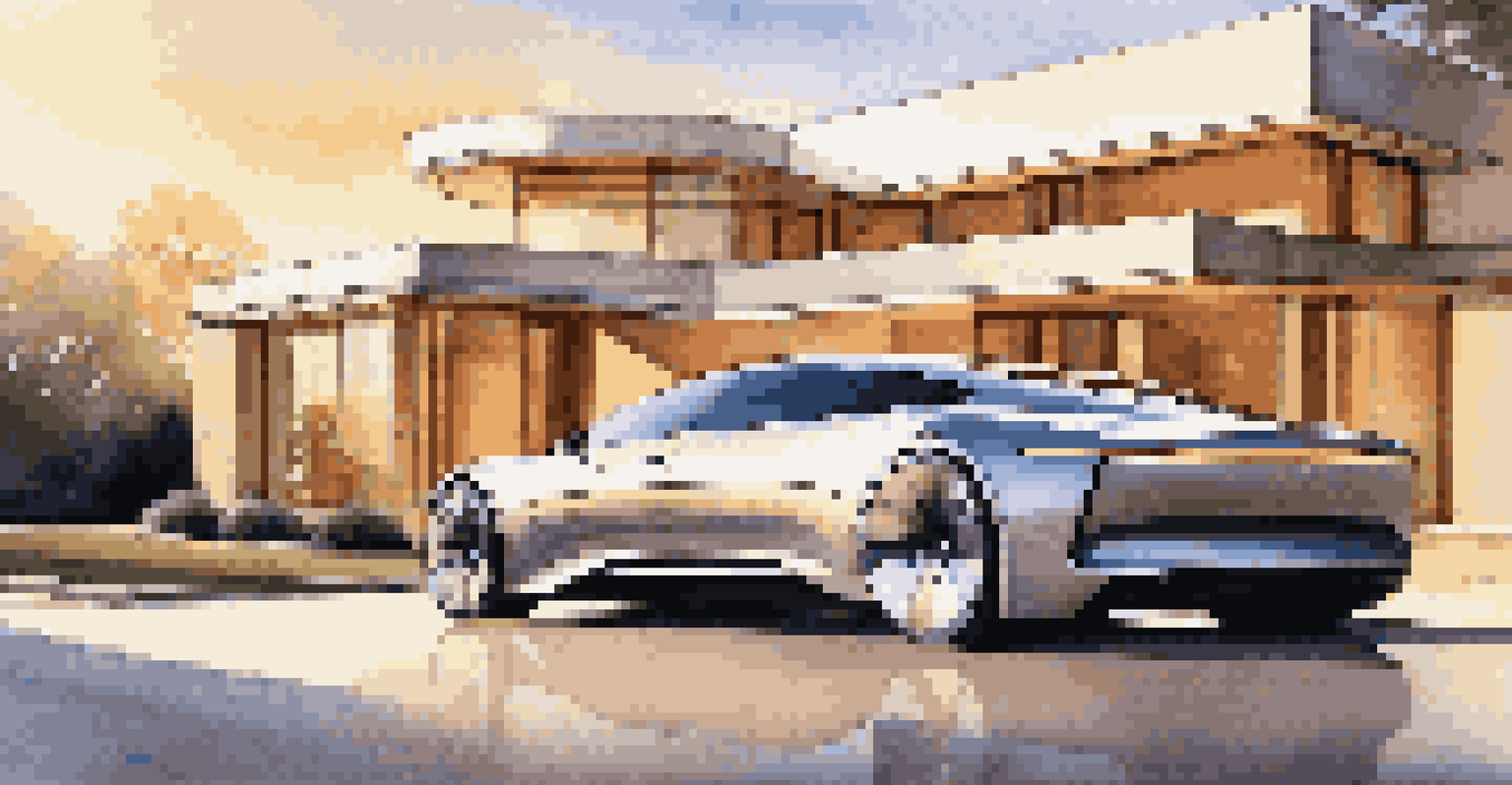 An electric luxury car displayed in front of a modern mansion during sunset, emphasizing its sleek design and reflective surface.