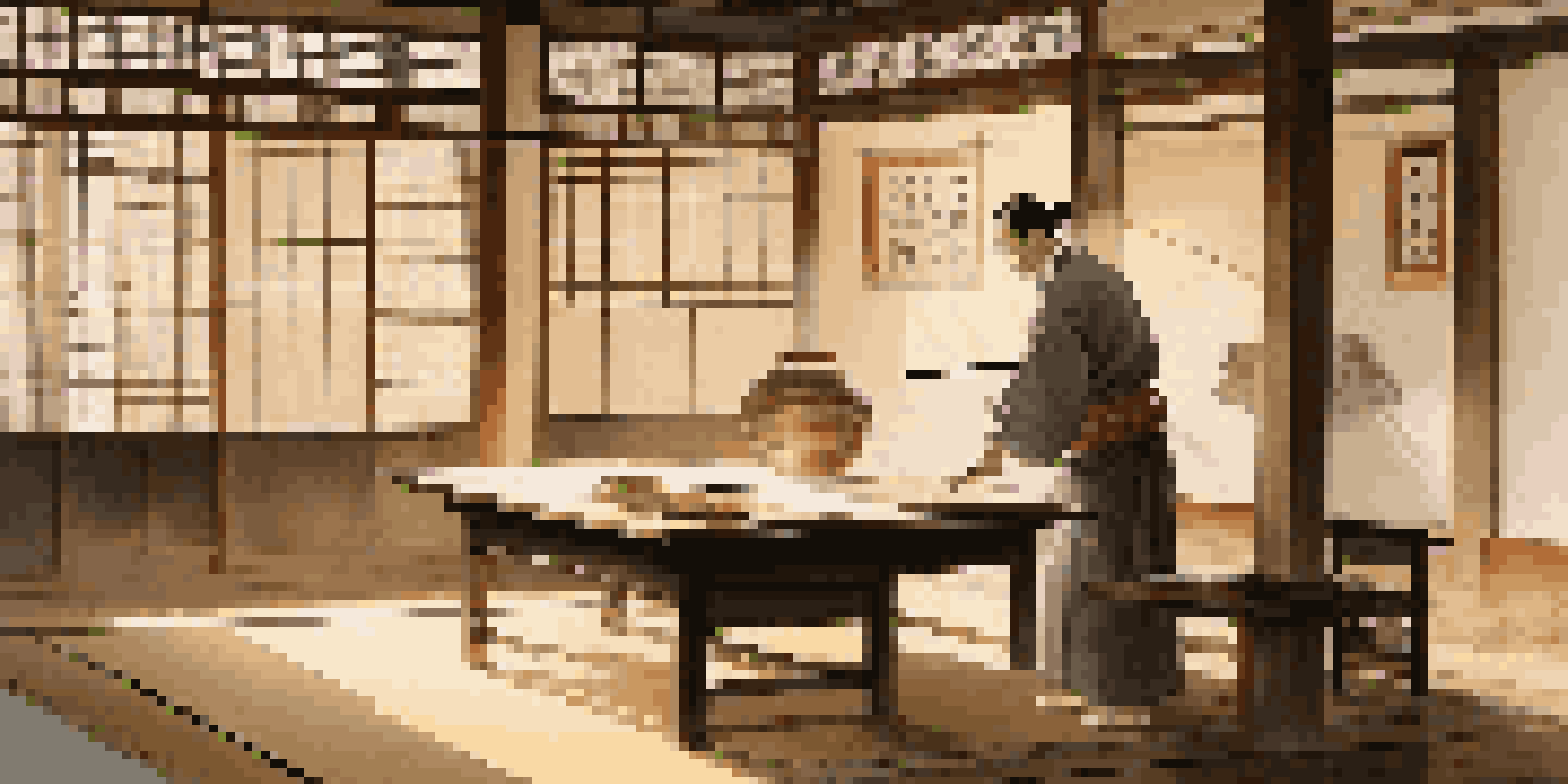 A master artist in traditional attire creating calligraphy in a serene studio with sunlight filtering through a shoji screen.