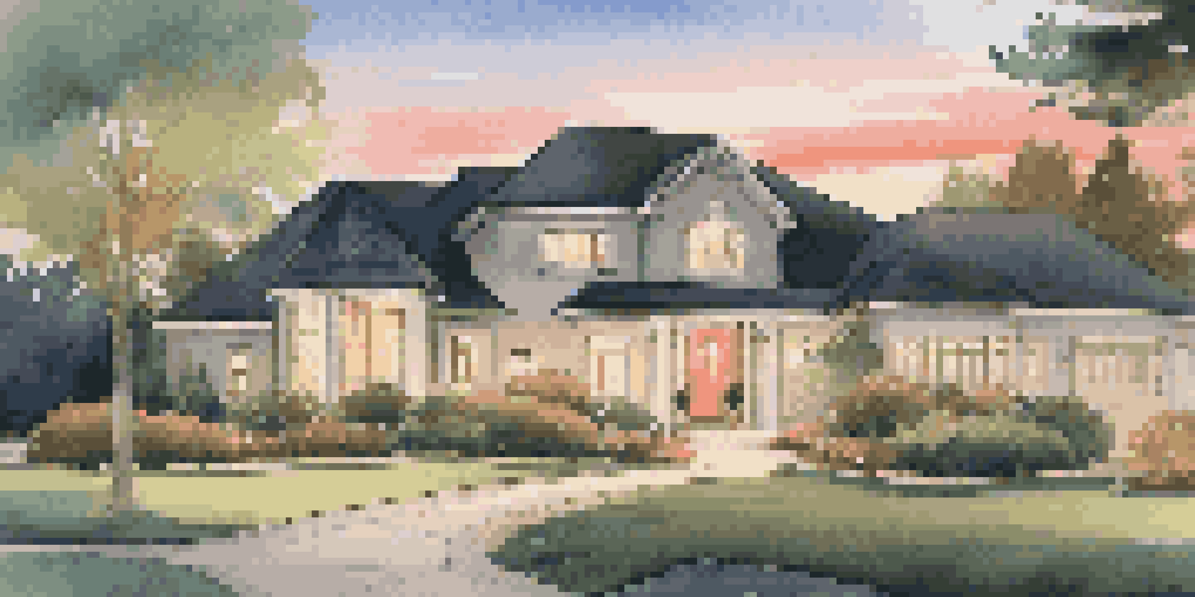 A beautiful luxury home with landscaped gardens, illuminated by soft lights, showcasing the exterior at dusk.