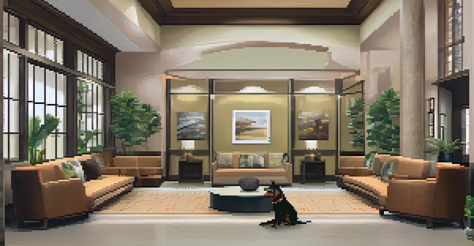 A stylish pet resort lobby with a friendly staff member greeting a small dog, showcasing plush seating and elegant decor.