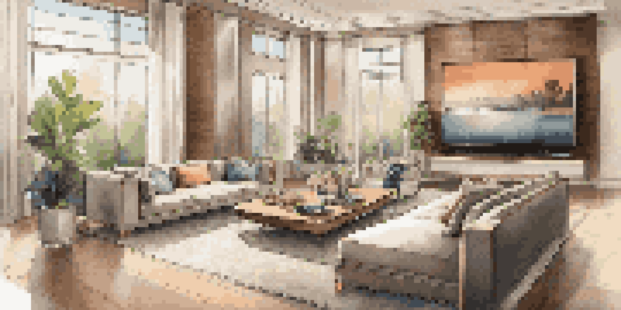 A luxurious living room with a modern sound system, plush furniture, and soft lighting, showcasing a serene garden view through a large window.