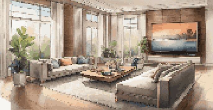 A luxurious living room with a modern sound system, plush furniture, and soft lighting, showcasing a serene garden view through a large window.