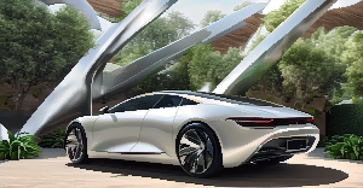 A luxury car in front of a recycled material art installation, surrounded by greenery and sunlight.