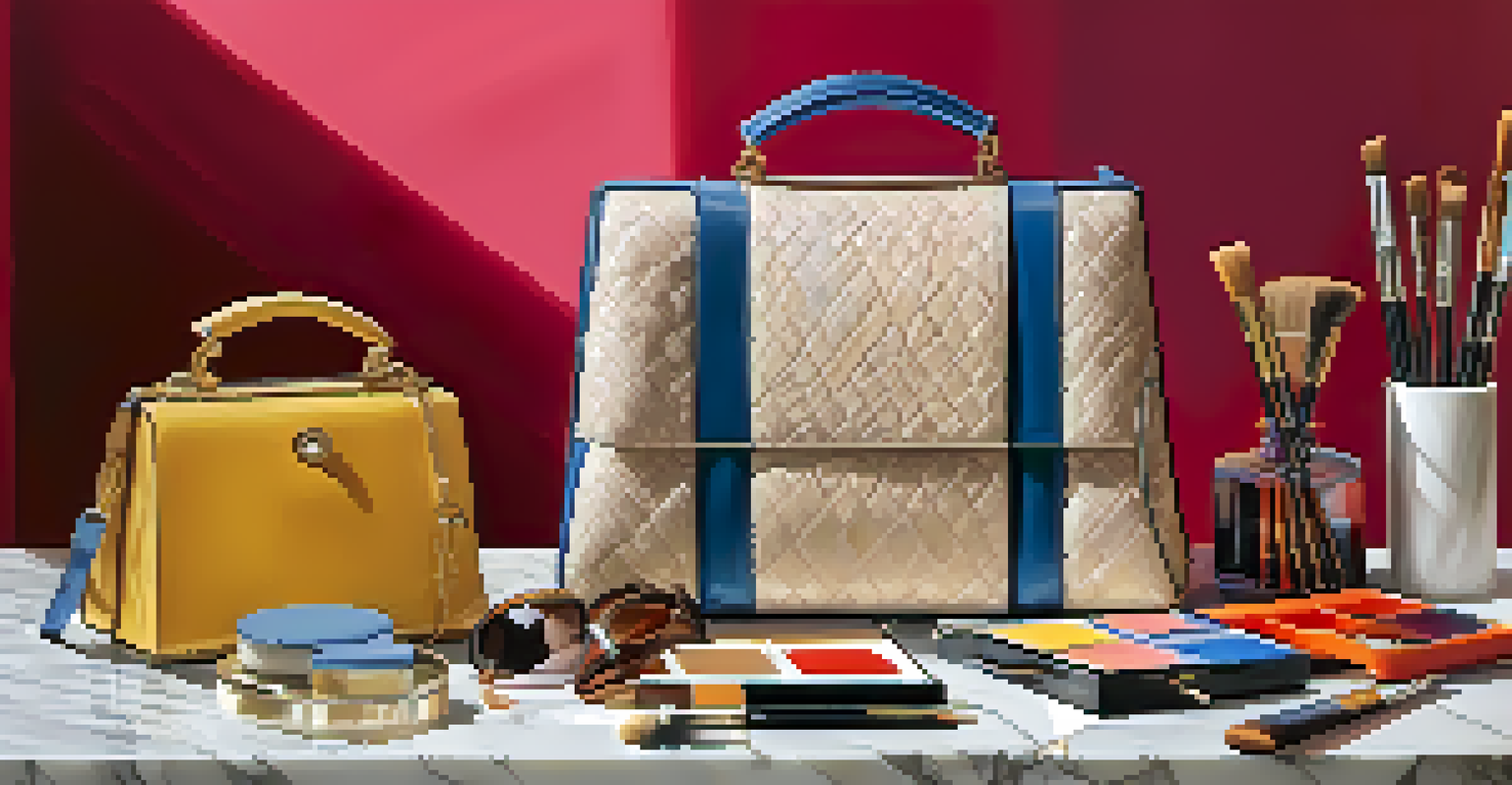 A still life of a designer handbag and accessories on a marble table, surrounded by paintbrushes and vibrant paint tubes, with warm natural light creating soft shadows.