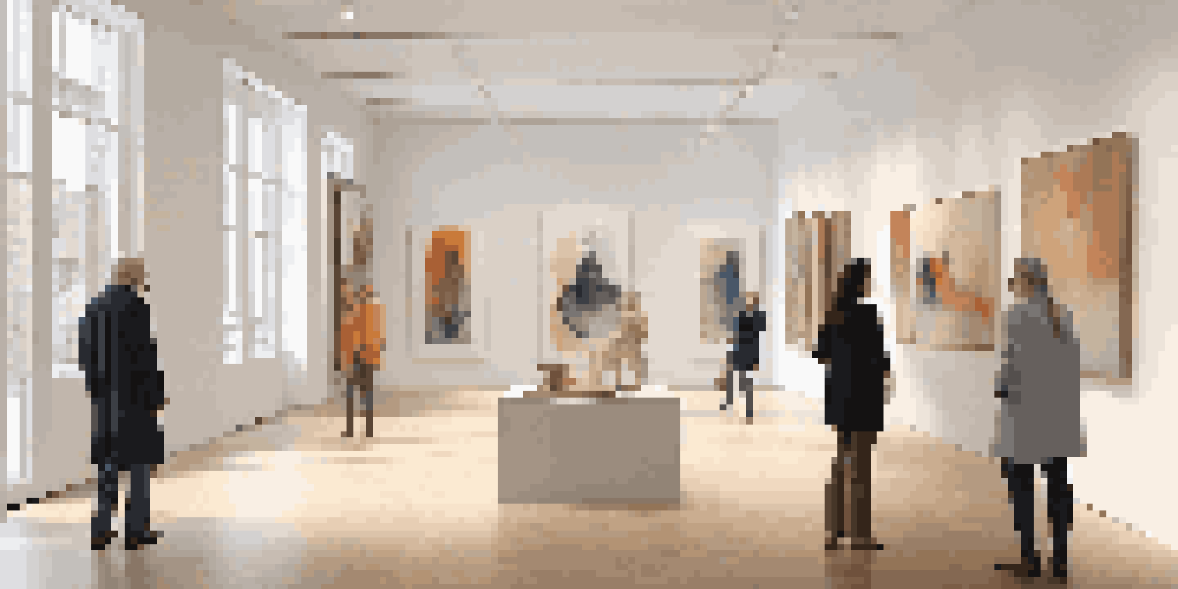 An elegant art gallery with sculptures and paintings, showcasing collectors engaging in conversation.