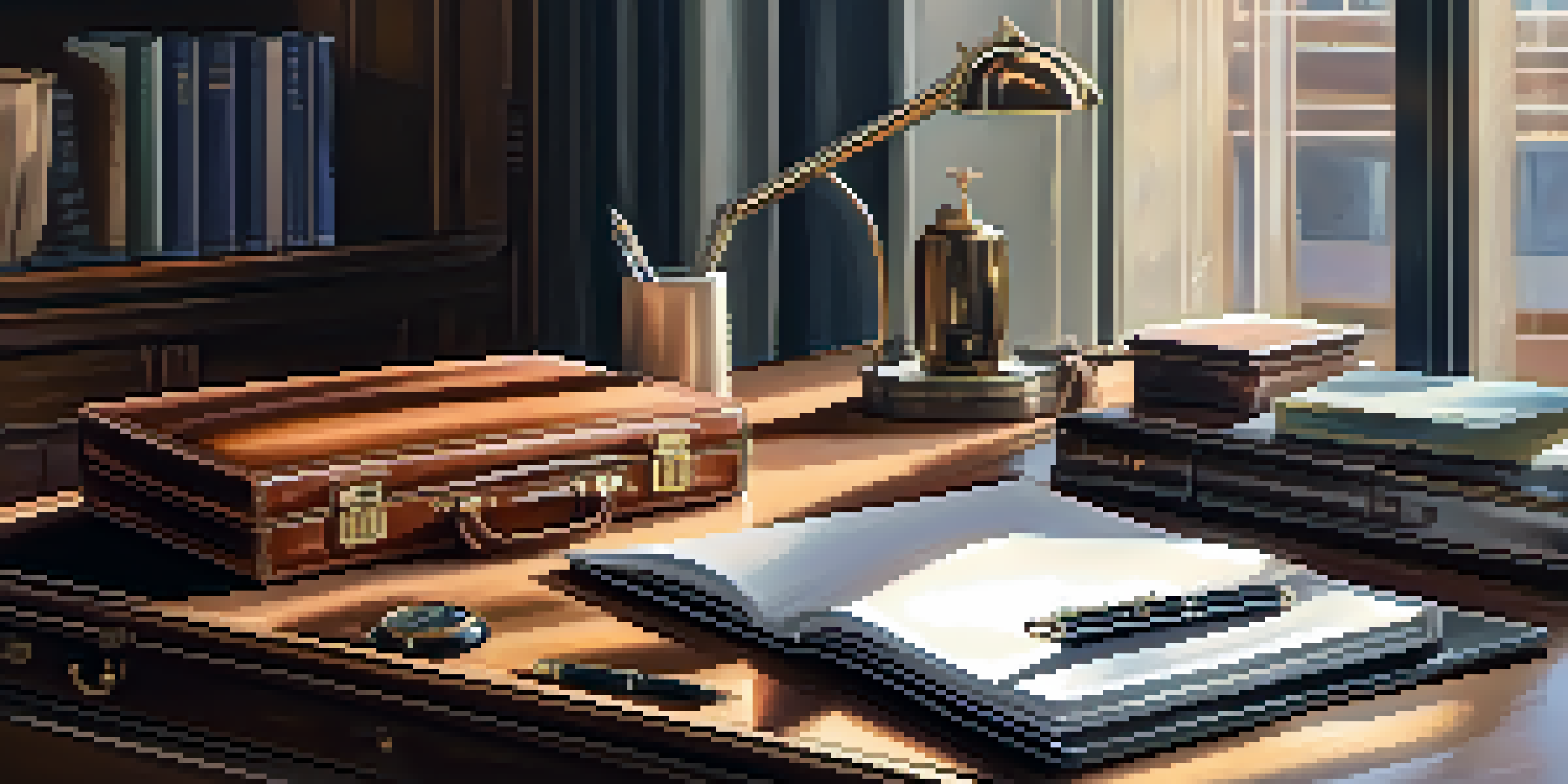 A leather briefcase on a desk with a laptop and documents, illuminated by natural light.