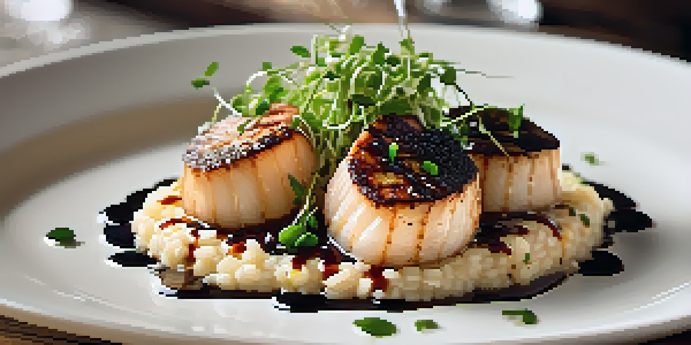 A gourmet dish of seared scallops on creamy risotto with microgreens and balsamic reduction, displayed on a rustic wooden table under warm lighting.