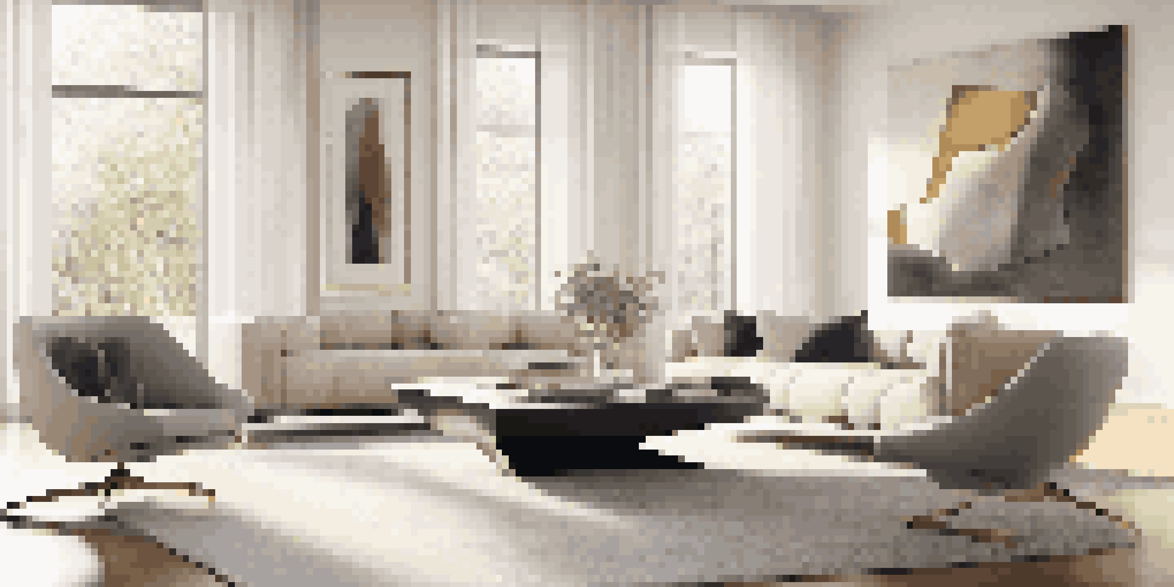 A modern living room with a large abstract metal sculpture at the center, surrounded by minimalist furniture and soft natural light.