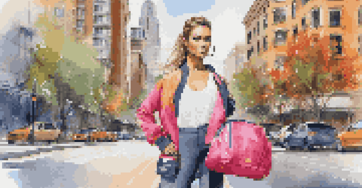 A fitness influencer posing with a luxury gym bag on a bustling city street, dressed in fashionable activewear.