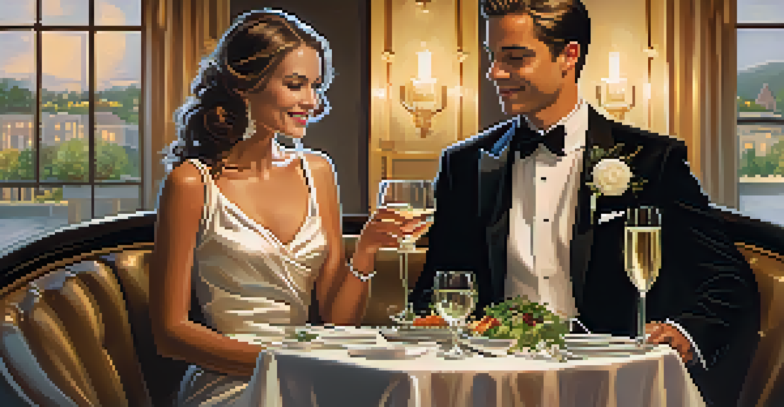 A sophisticated couple dining at a luxurious restaurant, with gourmet food and sparkling wine in a candlelit setting.