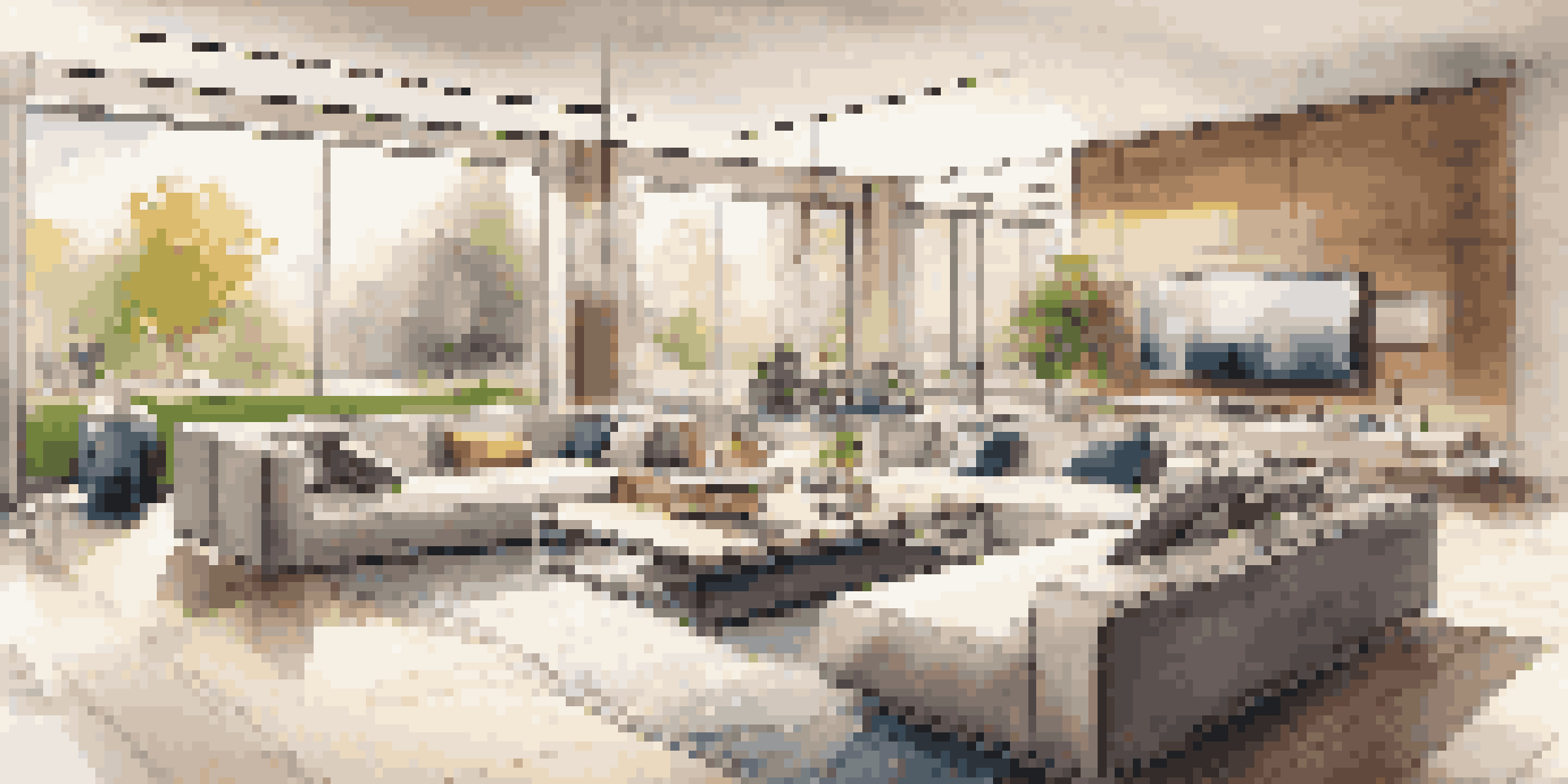 A spacious and elegant living room in a luxury smart home with automated features, warm lighting, and a view of a garden.