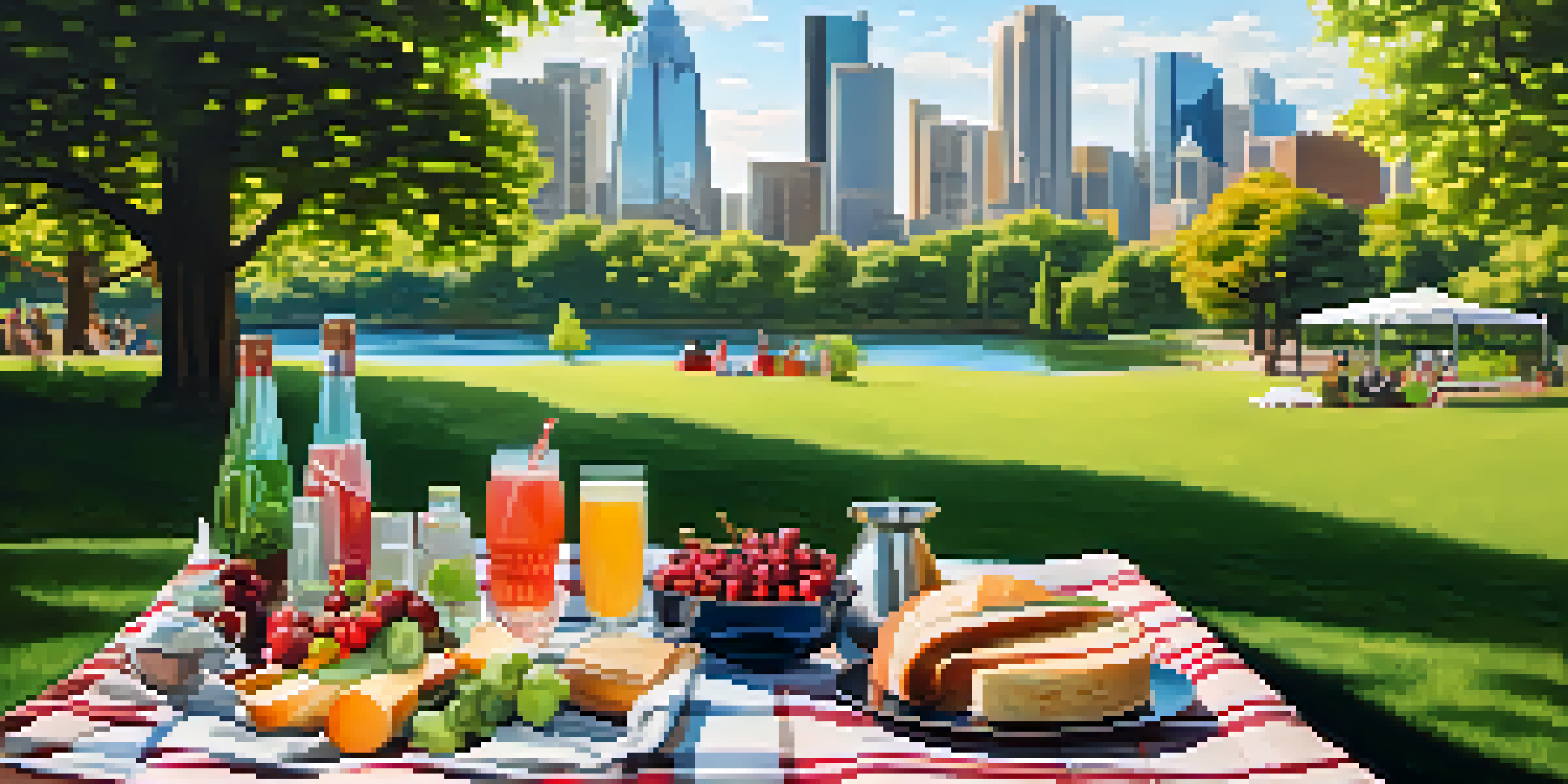 A family enjoying a luxurious picnic in an urban park, with gourmet food and a city skyline in the background.