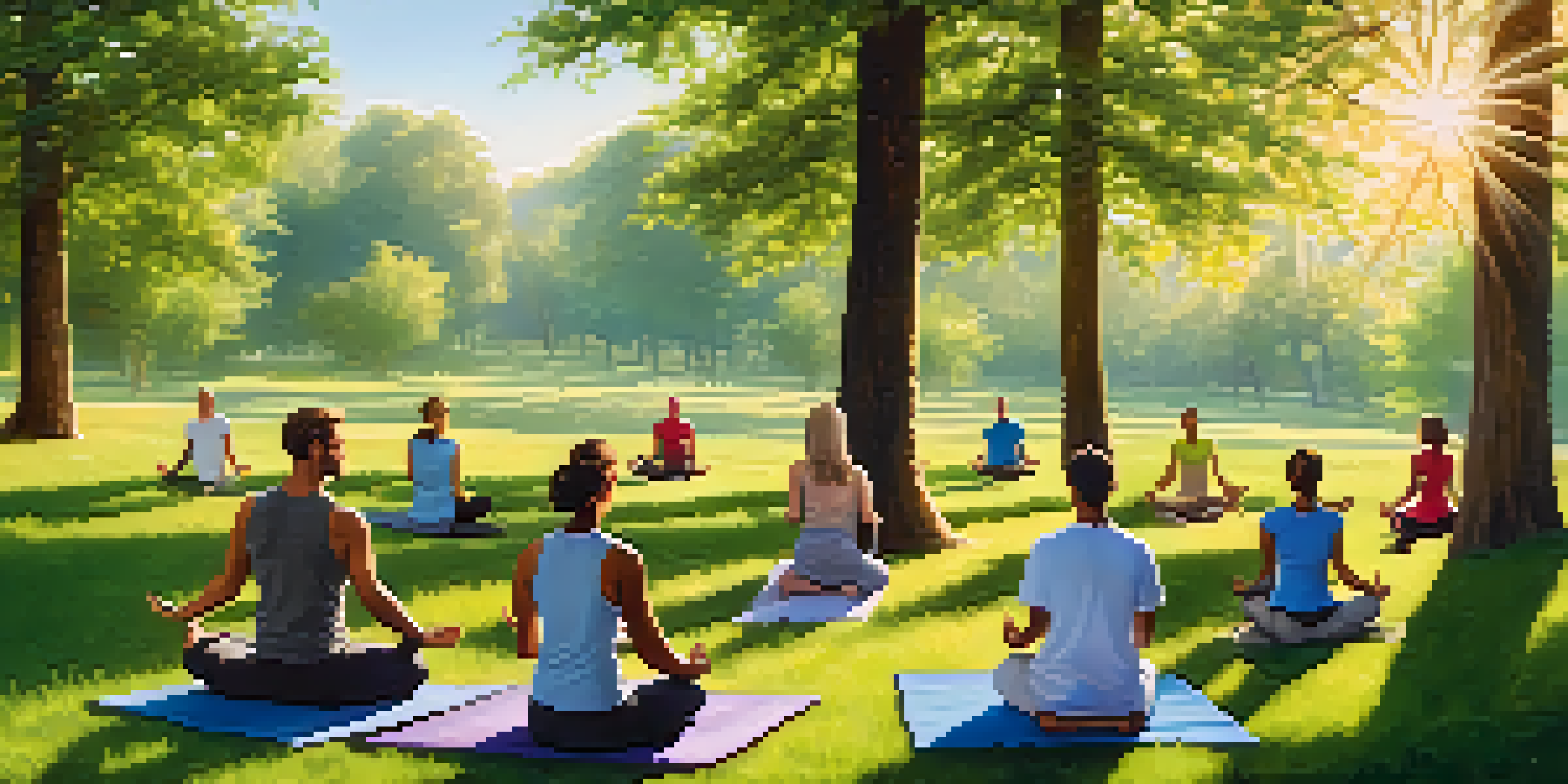A group of professionals practicing yoga in a peaceful outdoor setting with trees and a blue sky.