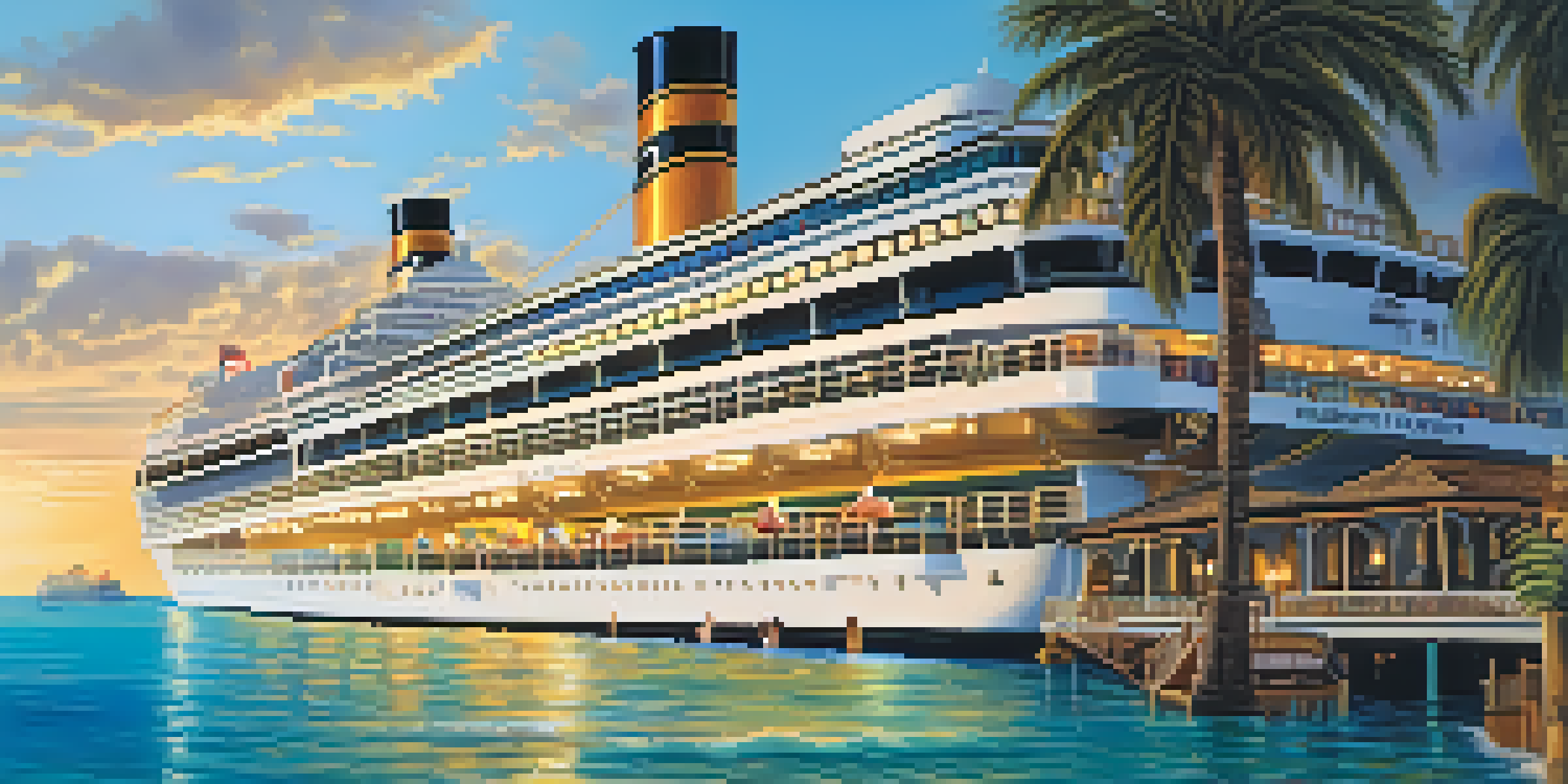 A luxurious cruise ship on turquoise waters during sunset, with palm trees and guests enjoying the view.