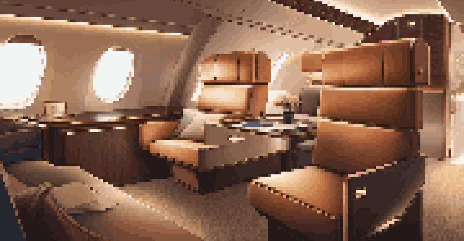 Private jet cabin with partitioned areas for work and relaxation, featuring warm colors and soft lighting, designed for privacy and comfort.