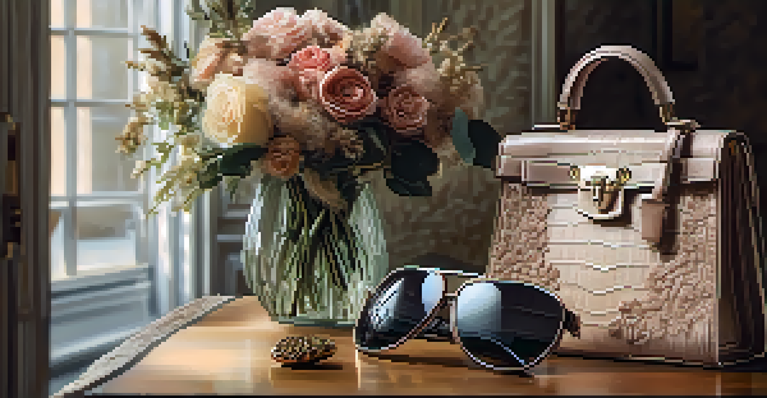 A vintage handbag and oversized sunglasses on a table with dried flowers in the background.