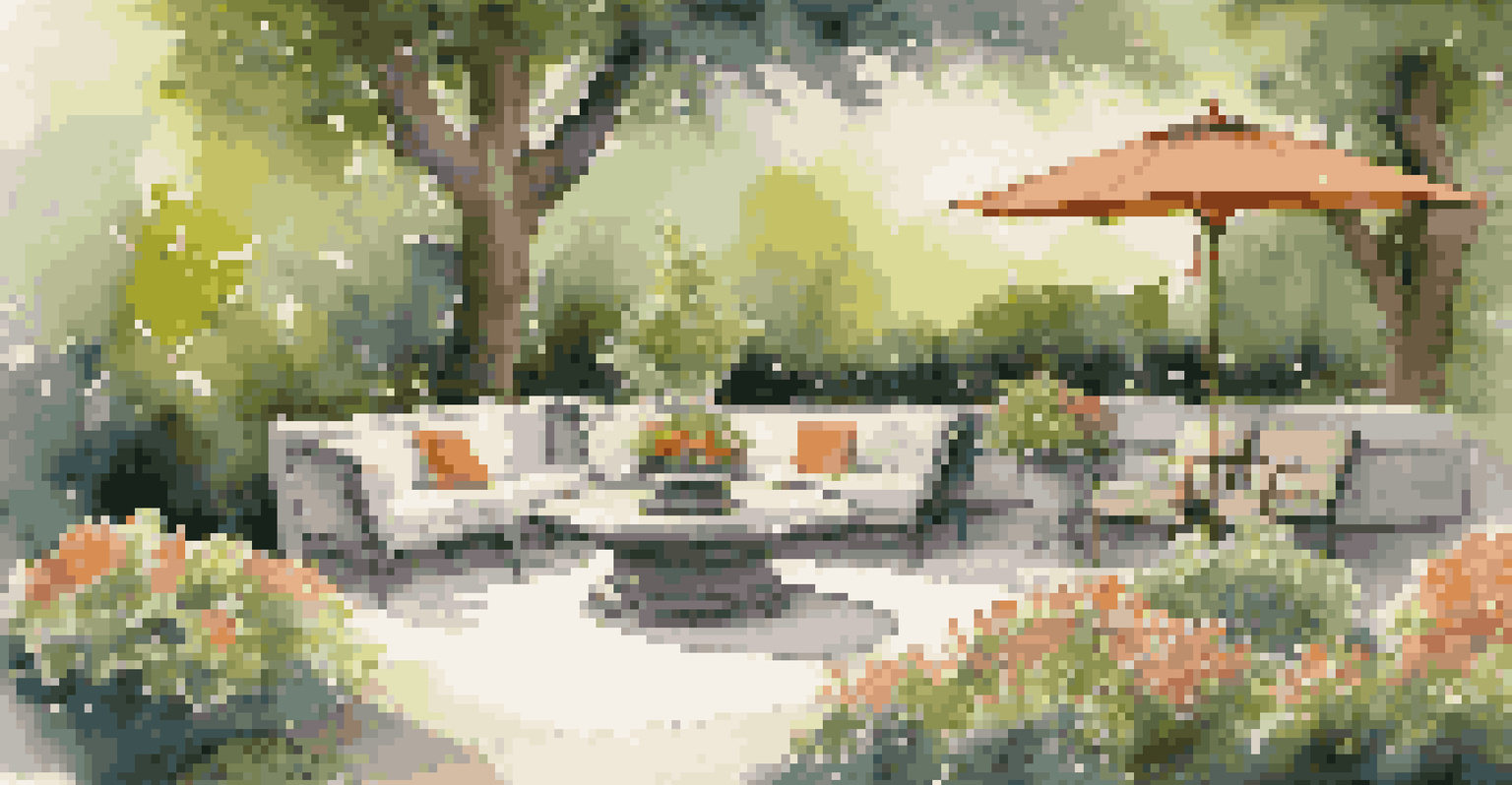 A beautifully designed seating area in a garden, with luxurious furniture, vibrant flowers, and ambient lighting creating a cozy atmosphere.