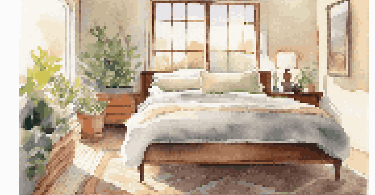 A serene bedroom with a linen bedspread, wooden bed frame, and metal nightstand, illuminated by morning light.