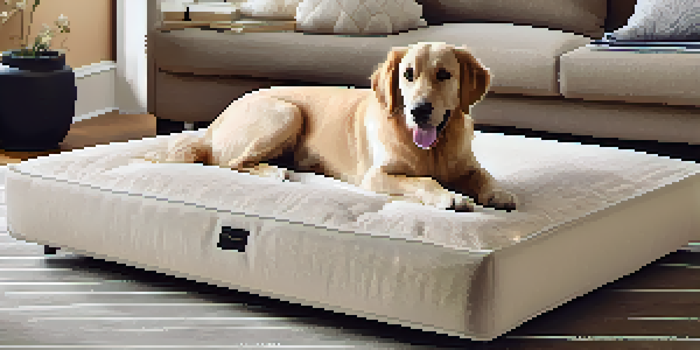 A luxury dog bed in a modern living room, with a happy dog curled up on it and decorative elements around.
