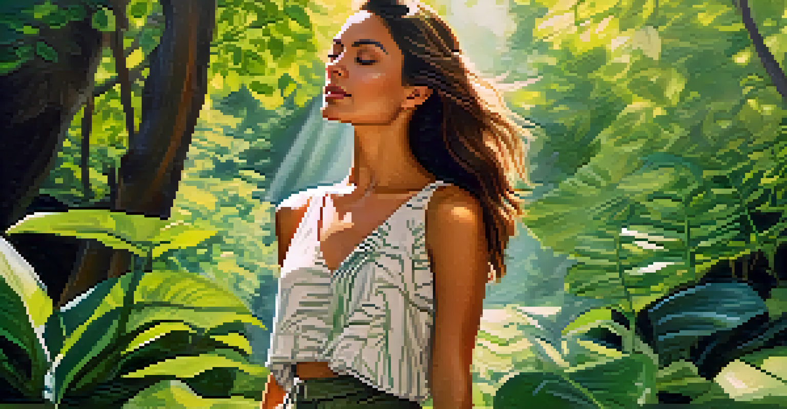 A person in eco-friendly fashion standing amidst lush greenery in a serene setting.